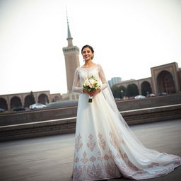 A beautiful Iranian bride wearing a simple, elegant, long wedding dress adorned with traditional Persian designs