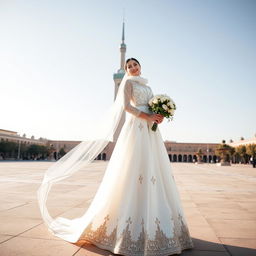 A beautiful Iranian bride wearing a simple, elegant, long wedding dress adorned with traditional Persian designs