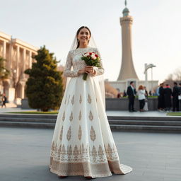 A beautiful Iranian bride wearing a simple, elegant, long wedding dress adorned with traditional Persian designs