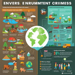 An informative and visually engaging infographic depicting environmental crimes and strategies to combat them