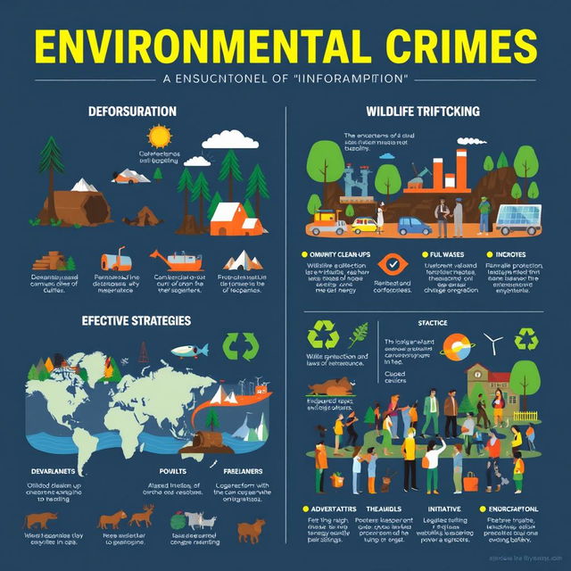 An informative and visually engaging infographic depicting environmental crimes and strategies to combat them