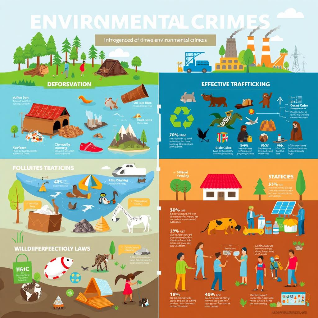 An informative and visually engaging infographic depicting environmental crimes and strategies to combat them