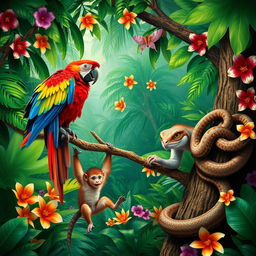 A vibrant tropical rainforest scene featuring a stunningly colorful parrot, its bright feathers showcasing a mix of reds, blues, and yellows