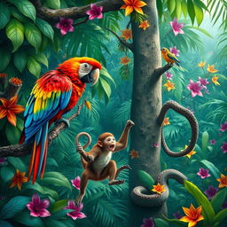 A vibrant tropical rainforest scene featuring a stunningly colorful parrot, its bright feathers showcasing a mix of reds, blues, and yellows