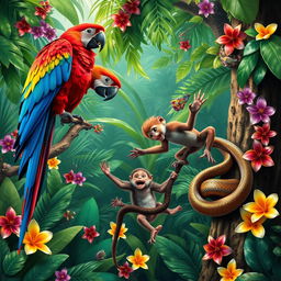 A vibrant tropical rainforest scene featuring a stunningly colorful parrot, its bright feathers showcasing a mix of reds, blues, and yellows