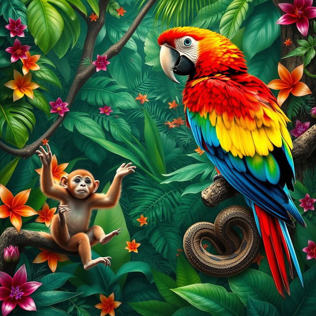 A vibrant tropical rainforest scene featuring a stunningly colorful parrot, its bright feathers showcasing a mix of reds, blues, and yellows