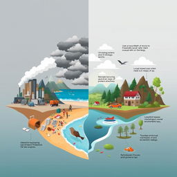 A conceptual illustration representing environmental crimes, showcasing various challenges and strategies to combat them