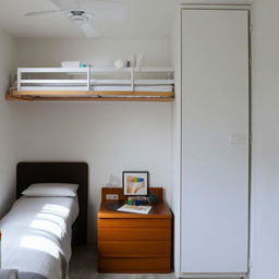 A small, compact 10x11 room equipped with a single bed, wardrobe, study table, and a design table neatly arranged.