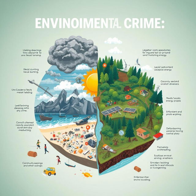 A conceptual illustration representing environmental crimes, showcasing various challenges and strategies to combat them