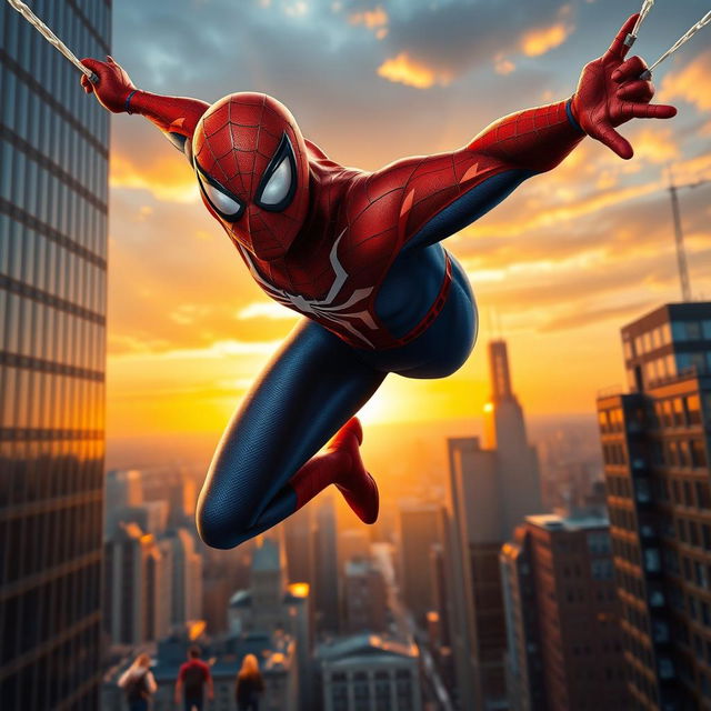 A realistic portrayal of Spider-Man in an urban environment, showcasing him swinging through the city skyline