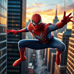 A realistic portrayal of Spider-Man in an urban environment, showcasing him swinging through the city skyline