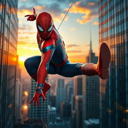 A realistic portrayal of Spider-Man in an urban environment, showcasing him swinging through the city skyline