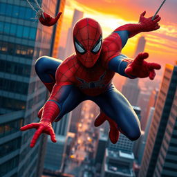 A realistic portrayal of Spider-Man in an urban environment, showcasing him swinging through the city skyline