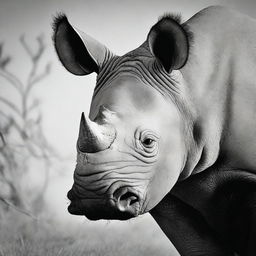 This is a high-resolution black and white photograph of a black rhino