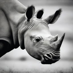 This is a high-resolution black and white photograph of a black rhino