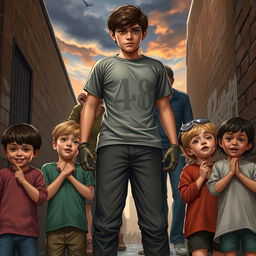 A youthful 18-year-old figure stands protectively in front of several relieved children, previously harmed, now safe thanks to their heroic intervention