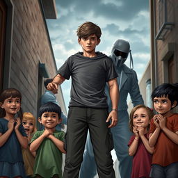 A youthful 18-year-old figure stands protectively in front of several relieved children, previously harmed, now safe thanks to their heroic intervention