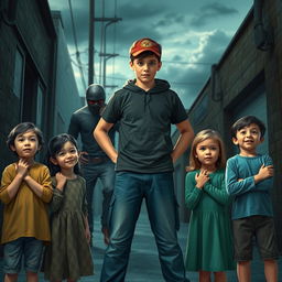 A youthful 18-year-old figure stands protectively in front of several relieved children, previously harmed, now safe thanks to their heroic intervention
