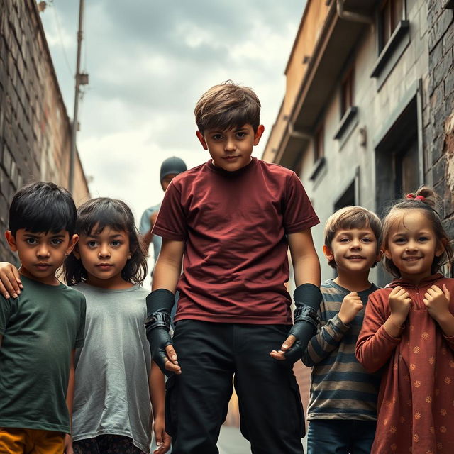 A youthful 18-year-old figure stands protectively in front of several relieved children, previously harmed, now safe thanks to their heroic intervention