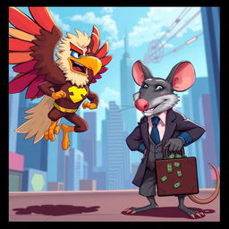 A vibrant 2D cartoon scene depicting an epic battle between a superhero in a striking eagle costume, complete with colorful feathers and a heroic pose, and a cunning rat wearing a sharp business suit, holding a suitcase full of money