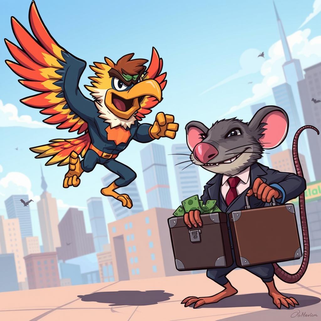 A vibrant 2D cartoon scene depicting an epic battle between a superhero in a striking eagle costume, complete with colorful feathers and a heroic pose, and a cunning rat wearing a sharp business suit, holding a suitcase full of money