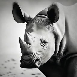 This is a high-resolution black and white photograph of a black rhino