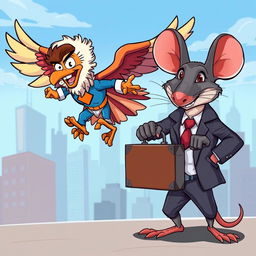 A vibrant 2D cartoon scene depicting an epic battle between a superhero in a striking eagle costume, complete with colorful feathers and a heroic pose, and a cunning rat wearing a sharp business suit, holding a suitcase full of money