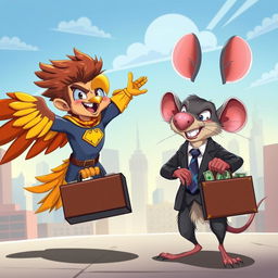 A vibrant 2D cartoon scene depicting an epic battle between a superhero in a striking eagle costume, complete with colorful feathers and a heroic pose, and a cunning rat wearing a sharp business suit, holding a suitcase full of money