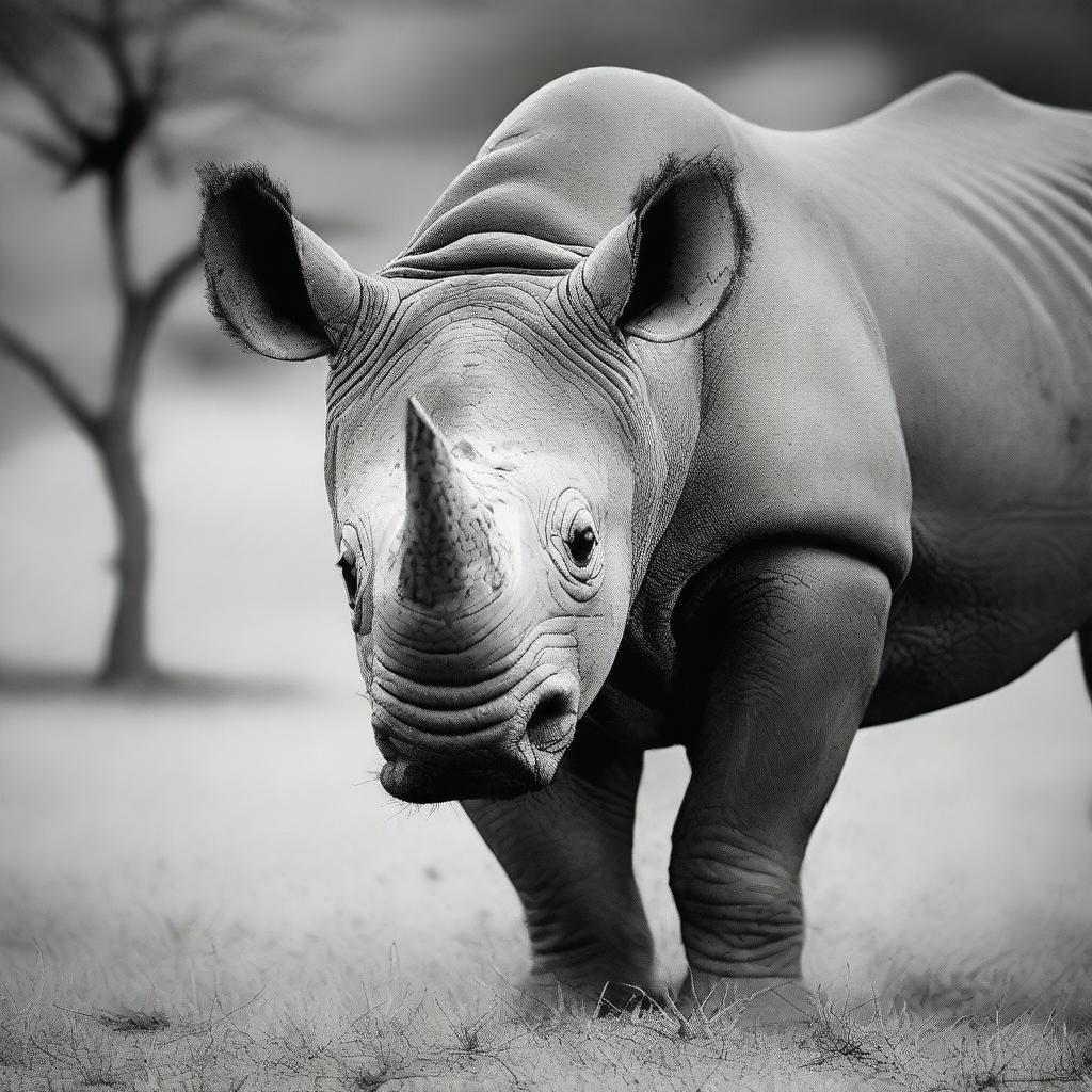 This is a high-resolution black and white photograph of a black rhino