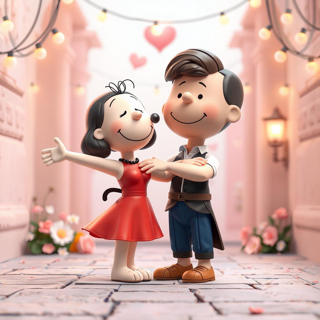 A delightful 3D illustration showcasing Peanuts characters as Romeo and Juliet
