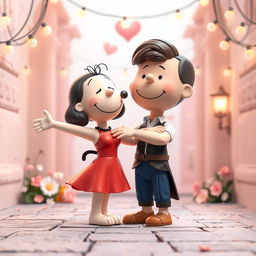 A delightful 3D illustration showcasing Peanuts characters as Romeo and Juliet