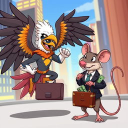 A lively 2D cartoon illustration featuring a superhero in a striking eagle costume, adorned with vibrant feathers and a confident stance, engaged in a showdown with a clever rat dressed in a snazzy business suit, clutching a suitcase overflowing with money