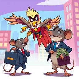 A lively 2D cartoon illustration featuring a superhero in a striking eagle costume, adorned with vibrant feathers and a confident stance, engaged in a showdown with a clever rat dressed in a snazzy business suit, clutching a suitcase overflowing with money