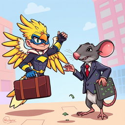 A lively 2D cartoon illustration featuring a superhero in a striking eagle costume, adorned with vibrant feathers and a confident stance, engaged in a showdown with a clever rat dressed in a snazzy business suit, clutching a suitcase overflowing with money
