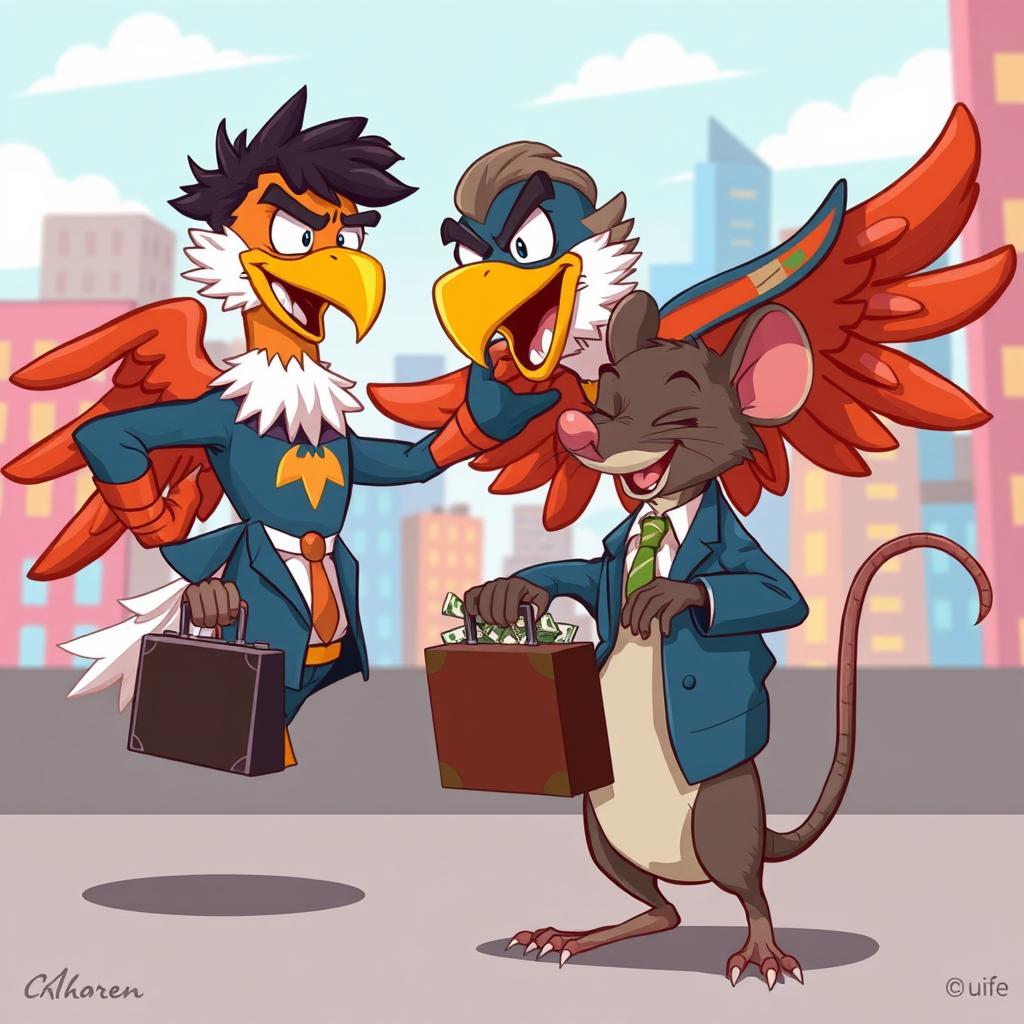 A lively 2D cartoon illustration featuring a superhero in a striking eagle costume, adorned with vibrant feathers and a confident stance, engaged in a showdown with a clever rat dressed in a snazzy business suit, clutching a suitcase overflowing with money