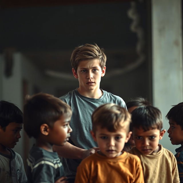 A tense scene depicting a youthful figure, around 18 years old, heroically stepping in to protect a group of children from an aggressive adult man