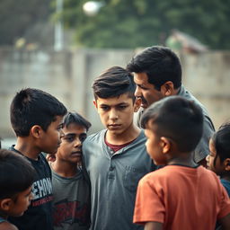 A tense scene depicting a youthful figure, around 18 years old, heroically stepping in to protect a group of children from an aggressive adult man