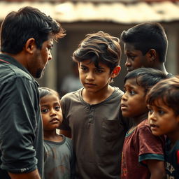 A tense scene depicting a youthful figure, around 18 years old, heroically stepping in to protect a group of children from an aggressive adult man