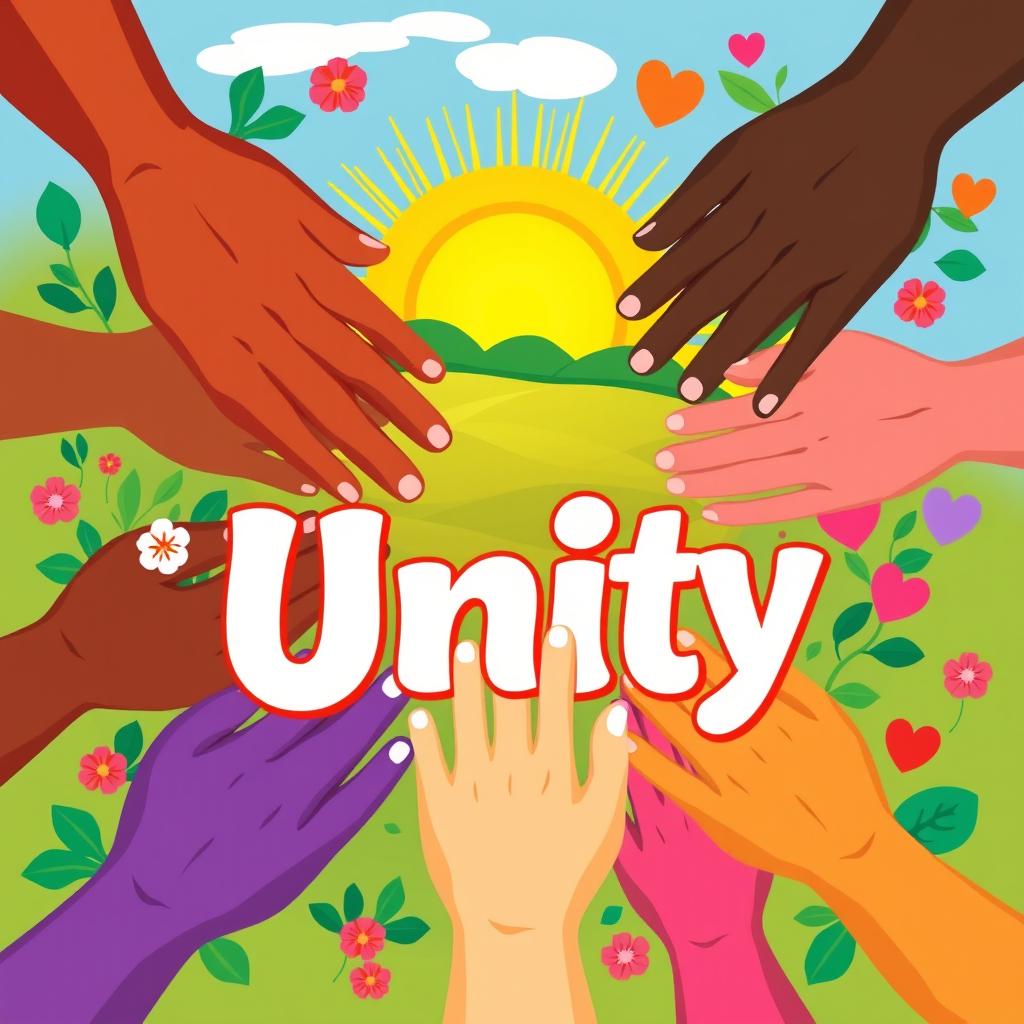A vibrant and colorful poster symbolizing unity, featuring diverse hands (different skin tones) coming together in a circle, with a radiant sun in the background, lush greenery, and flowers