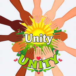 A vibrant and colorful poster symbolizing unity, featuring diverse hands (different skin tones) coming together in a circle, with a radiant sun in the background, lush greenery, and flowers