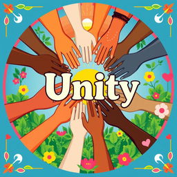A vibrant and colorful poster symbolizing unity, featuring diverse hands (different skin tones) coming together in a circle, with a radiant sun in the background, lush greenery, and flowers