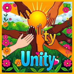 A vibrant and colorful poster symbolizing unity, featuring diverse hands (different skin tones) coming together in a circle, with a radiant sun in the background, lush greenery, and flowers