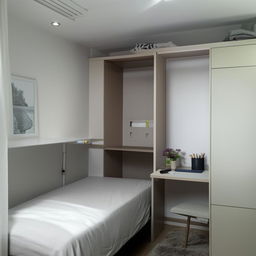 A small, compact 10x11 room equipped with a single bed, wardrobe, study table, and a design table neatly arranged.