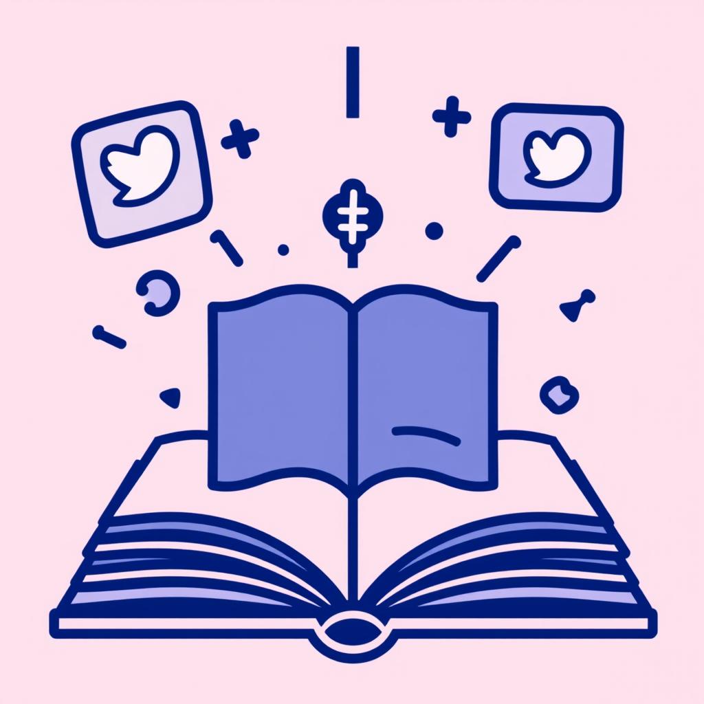 A dark blue line art icon visually representing the concept of books being introduced on social media