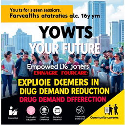 A vibrant poster designed to attract and engage youths above 16 years for a session on drug demand reduction careers