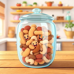 A colorful and playful illustration of a transparent container filled with cartoon-style nuts