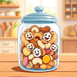 A colorful and playful illustration of a transparent container filled with cartoon-style nuts