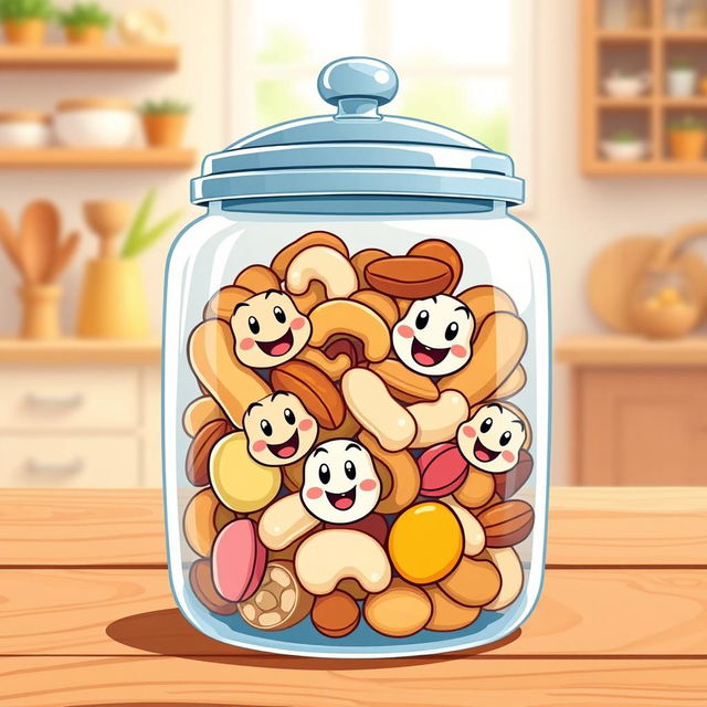 A colorful and playful illustration of a transparent container filled with cartoon-style nuts