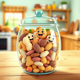 A colorful and playful illustration of a transparent container filled with cartoon-style nuts