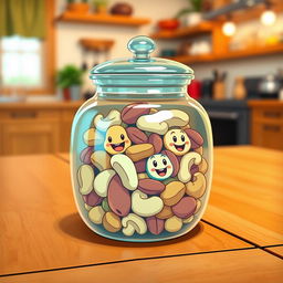 A colorful and playful illustration of a transparent container filled with cartoon-style nuts
